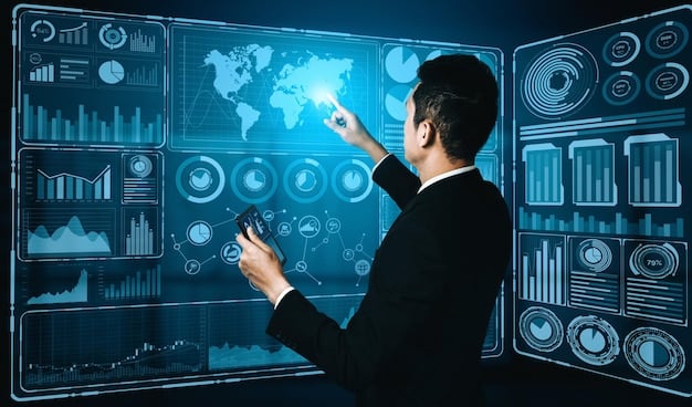 A person looking thoughtfully at a holographic financial dashboard with interconnected graphs and personalized recommendations, showcasing data aggregation and real-time advice.