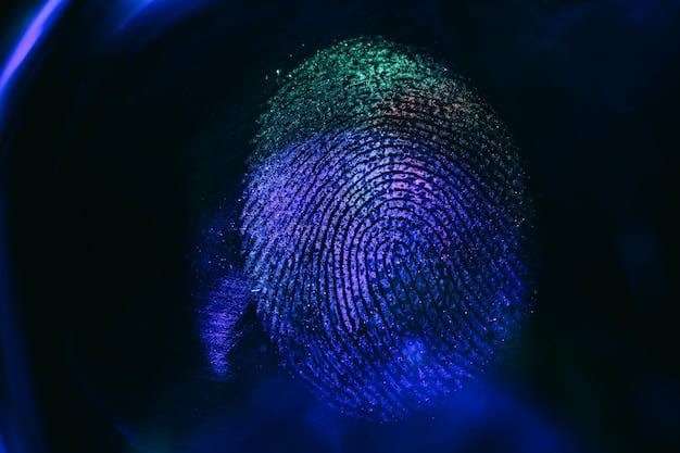 Close-up of a digital fingerprint overlaid on a blockchain network. The fingerprint represents a unique digital identity, securely stored and verified through the blockchain, highlighting the potential of Is Blockchain-Based Identity Verification the Key to Reducing Fraud in US Fintech?.