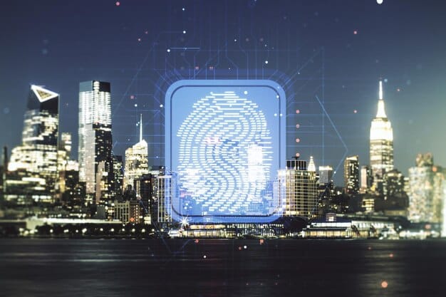 A visual representation of a secure US Fintech Companies Leveraging Biometric Authentication for Enhanced Security system, showing different types of biometric data (fingerprint, face, voice) being encrypted and securely stored in a cloud database.