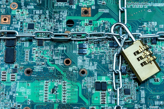 A close-up of a hardware security module (HSM) with complex circuitry, highlighting the physical security measures used in advanced cryptocurrency custody solutions. The HSM is connected to a network, symbolizing the combination of hardware and software security. The image supports the discussion of 