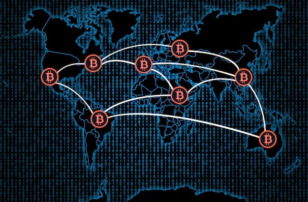 A graphic illustrating a blockchain network used for cross-border payments, with nodes representing different countries and secure data transfer between them. Emphasize the decentralized and secure nature of the blockchain in streamlining How are Fintech Innovations Streamlining Cross-Border Payments for US Businesses?