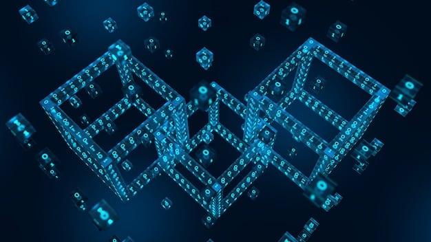A close-up of a digital ledger with blocks forming a chain, each block representing a transaction. The image has a high-tech, modern feel, with glowing lines and subtle animations suggesting the efficiency and security of blockchain technology. The text 