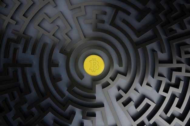 A visual representation of regulatory hurdles, depicted as a labyrinth or maze. The cryptocurrency symbol is trying to navigate through the maze, symbolizing the challenges faced by the crypto industry in complying with new regulations. The text 