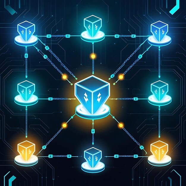 A diagram illustrating a blockchain network, with different nodes representing various stages of a supply chain (e.g., manufacturer, distributor, retailer). Each node contains a block of data, and the blocks are linked together chronologically, showcasing the transparency and traceability offered by the integration of Blockchain and Supply Chain: How US Companies Are Using It to Increase Efficiency by 20%.