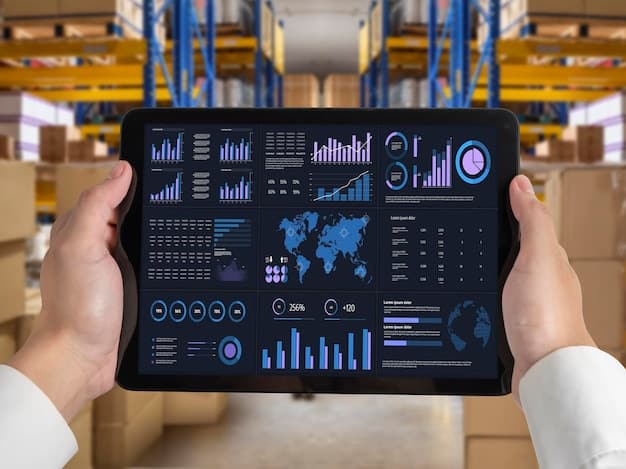 A dashboard interface showing real-time tracking of goods moving through a supply chain, with blockchain symbols overlayed to indicate secure data transfer and verification. The dashboard metrics highlight efficiency gains of 20%, demonstrating successful Blockchain and Supply Chain: How US Companies Are Using It to Increase Efficiency by 20%.