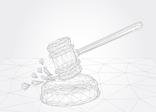 An illustration of a gavel striking down on an NFT, symbolizing legal challenges to NFT royalties in courtrooms across the US. The background includes outlines of various state courthouses.