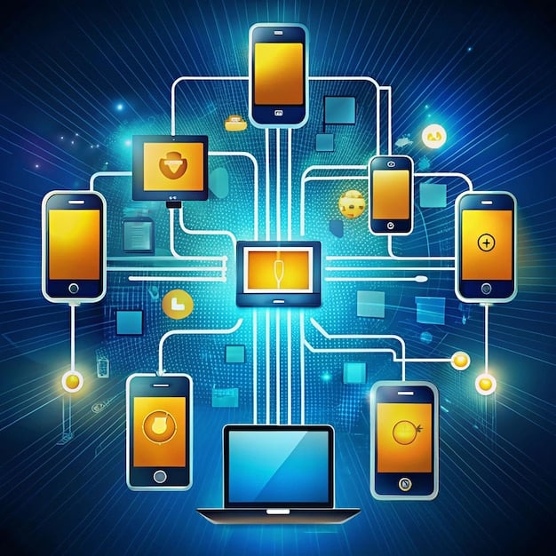 A graphic depicting digital devices (smartphones, tablets, laptops) connected through a blockchain network, symbolizing the interconnectedness and accessibility of blockchain voting. Security icons (padlocks) are overlaid on the devices to represent the secure nature of the system. The image highlights the digital infrastructure required for blockchain voting.