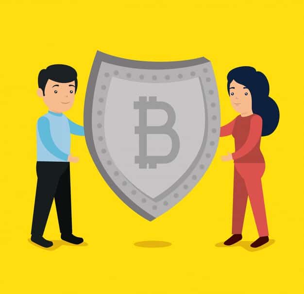 An illustration of a person holding a shield with a blockchain logo on it, symbolizing the protection of personal data and enhanced security provided by blockchain identity management. The background features various icons related to digital identity and privacy.