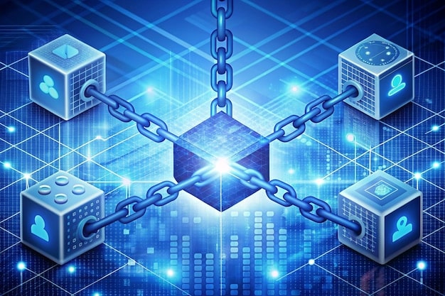A graphical representation of a blockchain network, with data blocks chained together and secured by cryptographic hashes. The network nodes are represented by abstract shapes, symbolizing the distributed nature of the storage system. The color scheme is modern and professional, reflecting the security aspect of Blockchain Data Storage: Is It a Secure and Cost-Effective Solution for US Companies?
