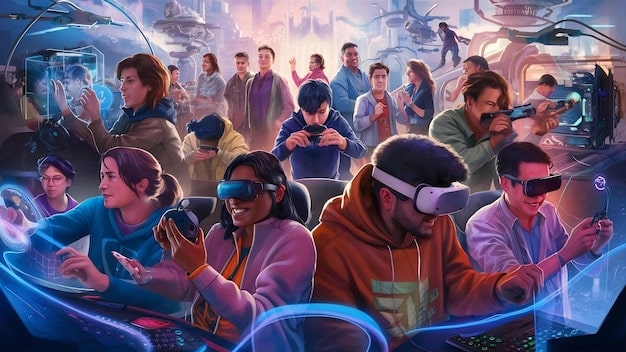 A stylized illustration showcasing a group of diverse gamers interacting in a virtual world, surrounded by floating NFT icons and cryptocurrency symbols. The image conveys a sense of community, digital ownership, and the potential of blockchain gaming to bring people together. The background includes subtle gradients and digital textures.
