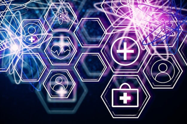 A graphic showcasing a blockchain network with medical icons within each block, representing Electronic Health Records (EHR), prescriptions, and patient data; emphasizing secure and transparent data exchange in Blockchain and Healthcare: How It Can Improve Data Security and Patient Outcomes in the US.