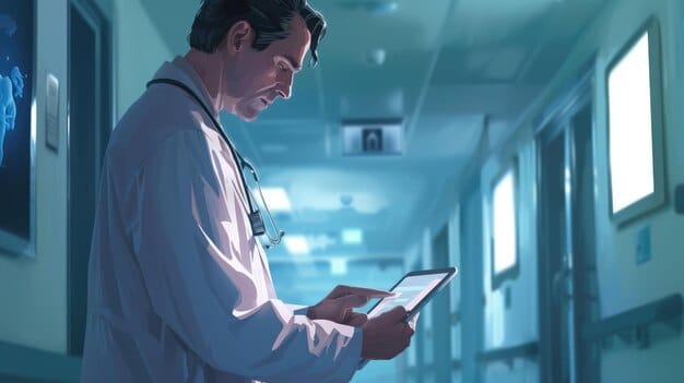 A doctor using a tablet to access a patient's medical history stored on a blockchain network, showing real-time data sharing and informed decision-making for improved patient care, reflecting the impact of Blockchain and Healthcare: How It Can Improve Data Security and Patient Outcomes in the US.