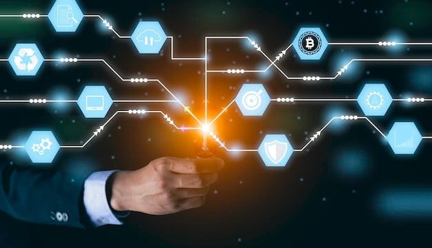 A visual representation depicting the process of patent application for blockchain technology. It shows a flow chart beginning with the invention, then moving to patent search, drafting the application, filing with the USPTO, examination, and finally, patent issuance. Key steps are highlighted to emphasize the strategic approach required.
