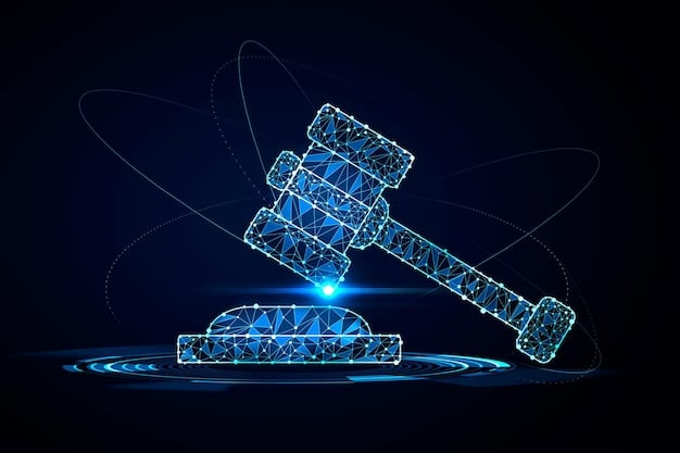 An image depicting a gavel hitting a block, with a blockchain network subtly integrated in the background. This symbolizes regulatory aspects and legal considerations surrounding Blockchain and Real Estate: How Tokenization Can Streamline Transactions in the US Market. The image should convey a sense of caution and the need for clear legal frameworks.
