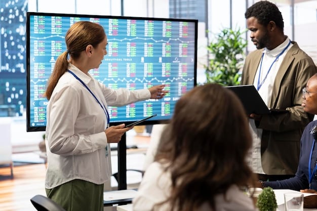 A data analyst team collaborating in front of multiple screens, interpreting complex A/B testing results with charts and graphs, discussing strategies for conversion optimization.