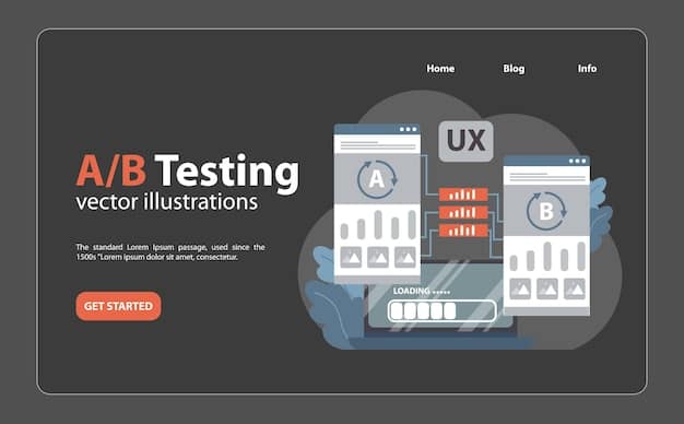 A screenshot of an A/B testing platform interface, showing two different versions of a landing page with highlighted elements being tested, such as headlines and call-to-action buttons. The dashboard includes metrics like conversion rate, confidence level, and statistical significance.