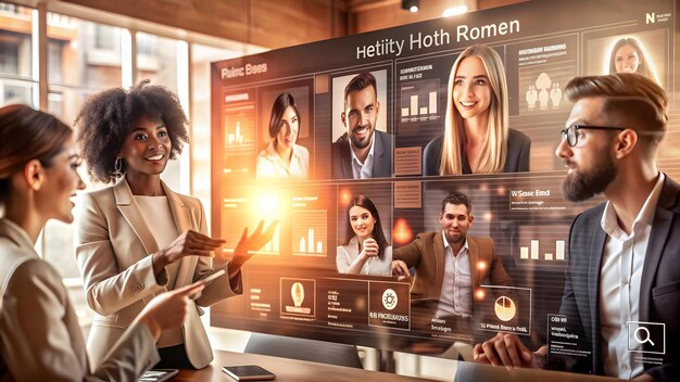 A group of professionals collaboratively analyzing influencer marketing data on a large screen, focusing on conversion rates and return on ad spend. The setting is a modern office, indicating effective collaboration and strategic data-driven decision-making in relation to achieving a 4x ROI with influencer partnerships in 2025.