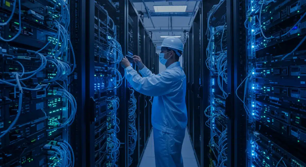 Engineers working on 5G Advanced data center infrastructure.