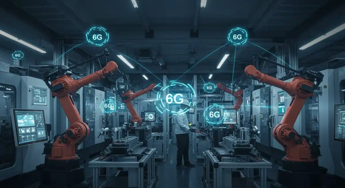 Robotic factory floor with seamless 6G connectivity, showcasing real-time data exchange and automated manufacturing processes.