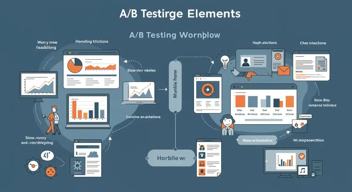 A/B testing workflow for landing page optimization, illustrating different element variations and performance data.