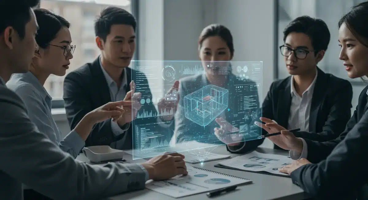 Collaborative team using AI-driven holographic display for advanced product design and development.