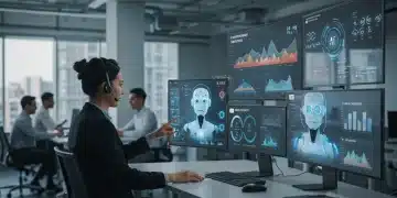 AI Customer Service: 30% Faster Responses for US Businesses by 2025 AI-powered customer service desk with human agent and digital interfaces showing reduced response times.