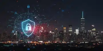 Futuristic cityscape with AI neural networks protecting a US business from digital threats, symbolizing advanced cybersecurity.