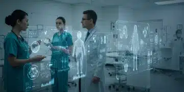 Doctors reviewing AI-powered diagnostic results on a holographic screen in a modern hospital