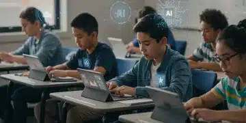 AI for Personalized Education: Boosting US Learning by 20% by 2025 Students learning with AI-powered personalized education platforms in a modern classroom setting