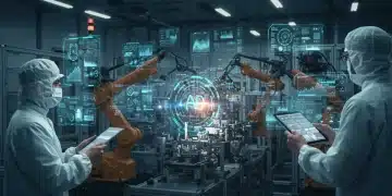 AI-powered robots assembling a product on a high-tech factory floor, demonstrating accelerated product development.