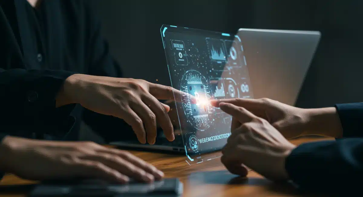 Hands interacting with holographic interface showing AI analytics and Web3 applications, representing startup innovation.