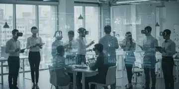 Professionals collaborating on AI training in a modern office, utilizing interactive screens and VR headsets.