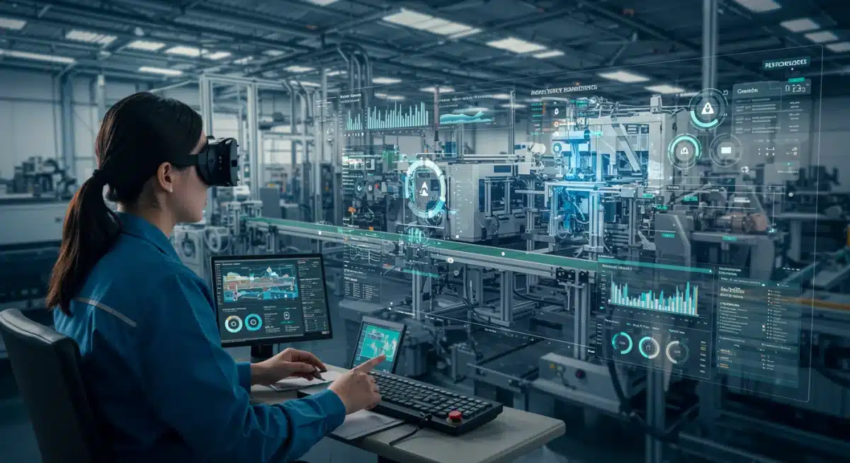 Factory supervisor monitoring production with AR data visualization.