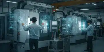 Workers using augmented reality headsets in a modern manufacturing plant.