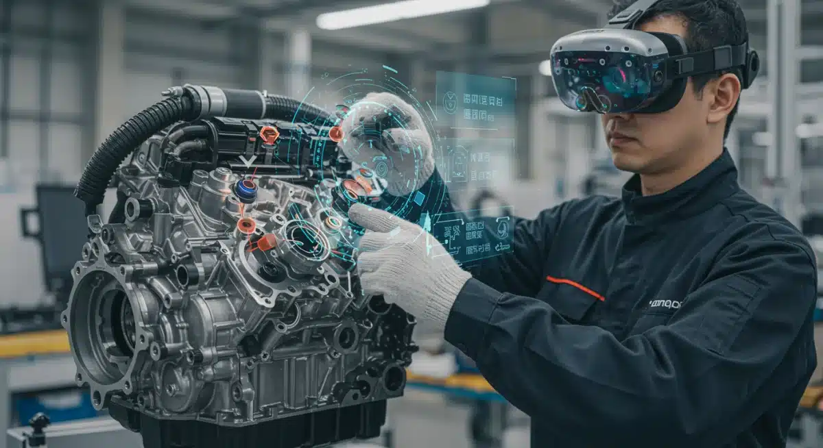 Manufacturing technician assembling components with AR guidance.