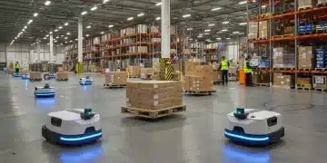 Autonomous mobile robots streamlining operations in a modern logistics warehouse, reducing costs and increasing efficiency.