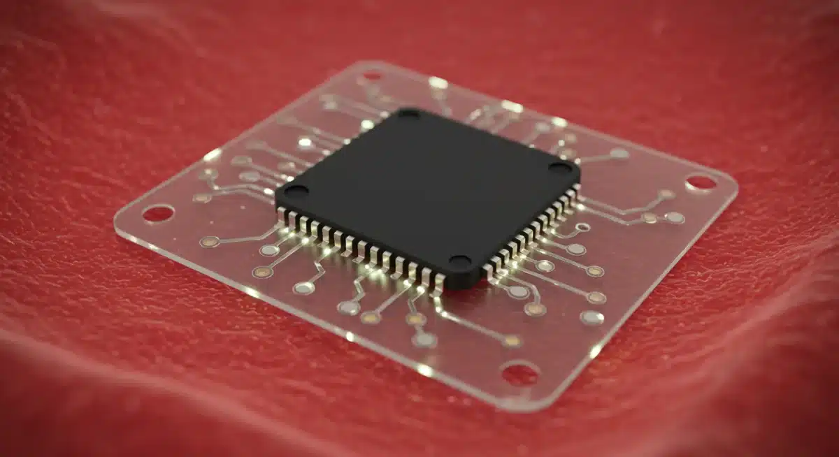 Bio-electronic interface showing microchip integrated with biological tissue