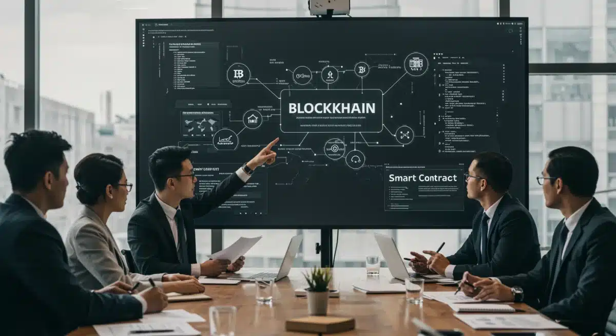 Business professionals collaborating on blockchain strategy in a modern conference room.