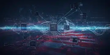 Futuristic microchips representing US semiconductor innovation influenced by the CHIPS Act, with data flows.