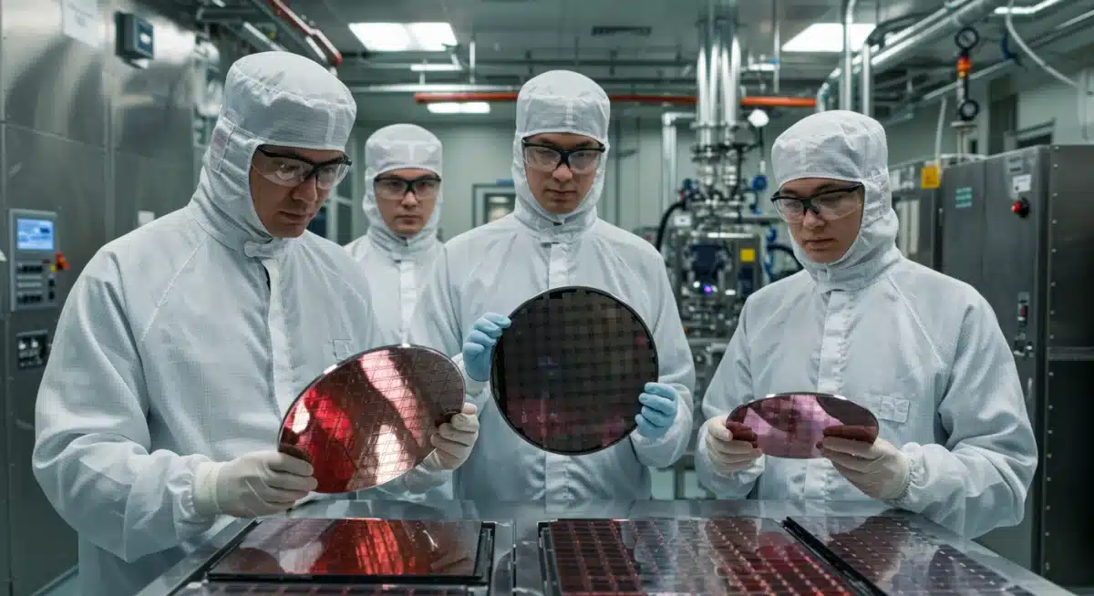 Engineers in a cleanroom inspecting semiconductor wafers, representing CHIPS Act's manufacturing boost.