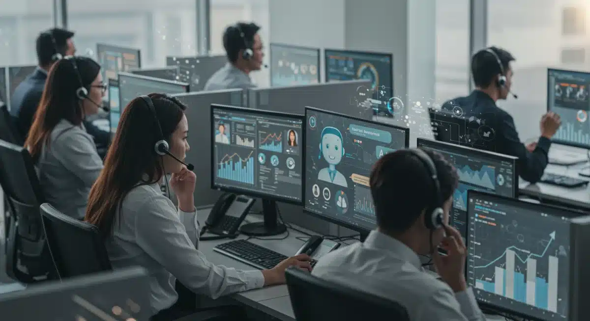 Contact center agents utilizing AI chatbots to enhance customer interactions and reduce wait times.