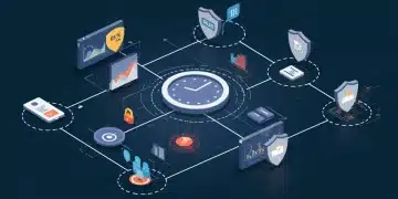 Digital illustration of data points, privacy shields, and a clock for cookie-less marketing