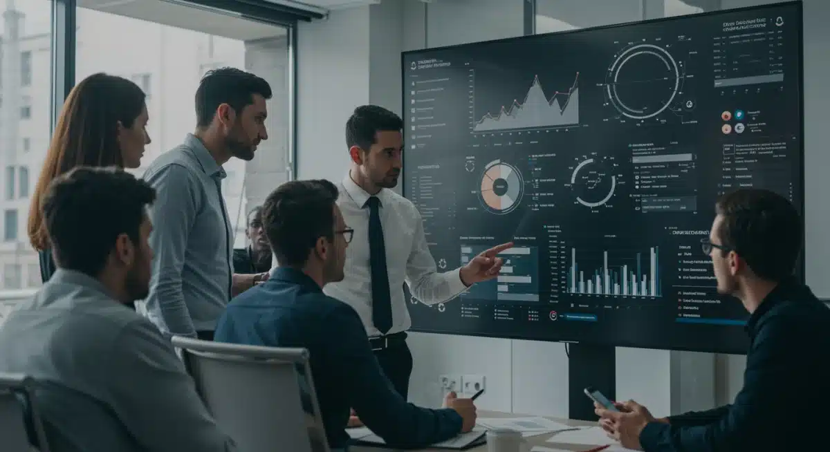 Team reviewing cybersecurity data and compliance reports on a large screen