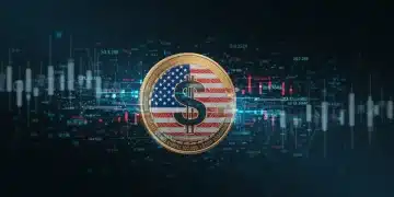 Digital Dollar Debate 2025: Practical Guide for US Consumers & Businesses Stylized digital dollar coin surrounded by data streams, representing the 2025 digital currency debate in the US.