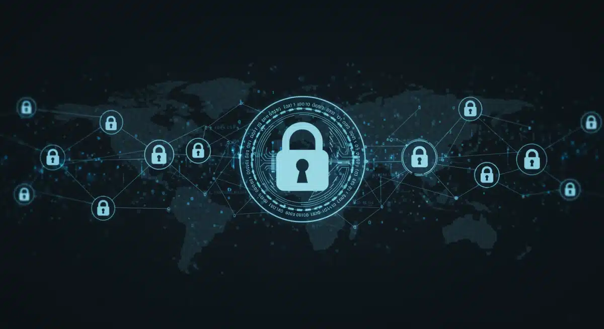 Digital padlock icon over a network of financial transactions, symbolizing data privacy and security in digital currency.