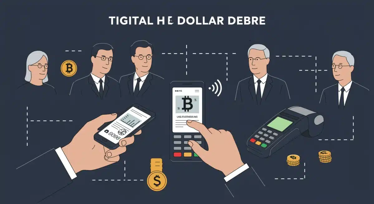 Illustration of various stakeholders, including consumers, businesses, and government officials, participating in the digital dollar debate.