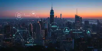 Unlocking New Revenue: Top 5 Digital Economy Trends for U.S. Startups Q1 2025 Digital city skyline with interconnected data networks, symbolizing digital economy trends for U.S. startups in 2025.
