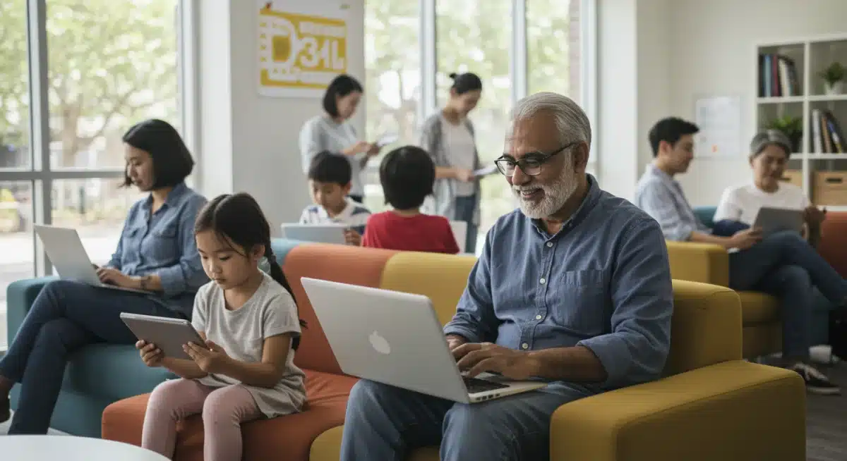 Diverse community members using digital devices for inclusion