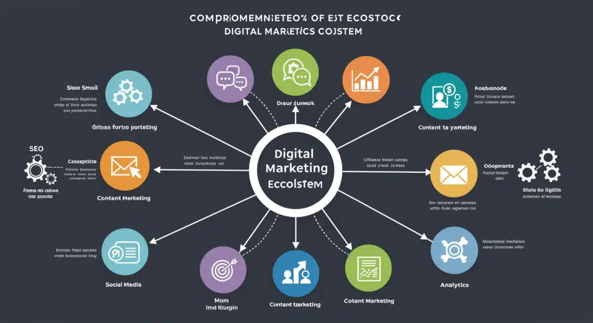 Digital marketing ecosystem infographic showing interconnected strategies