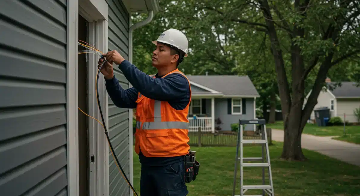 Technician installing fiber optic internet in a home